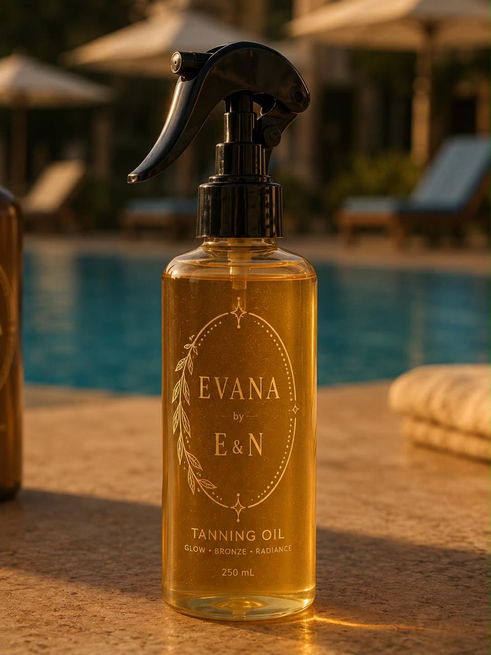 EVANA tanning oil at a poolside in golden hour light