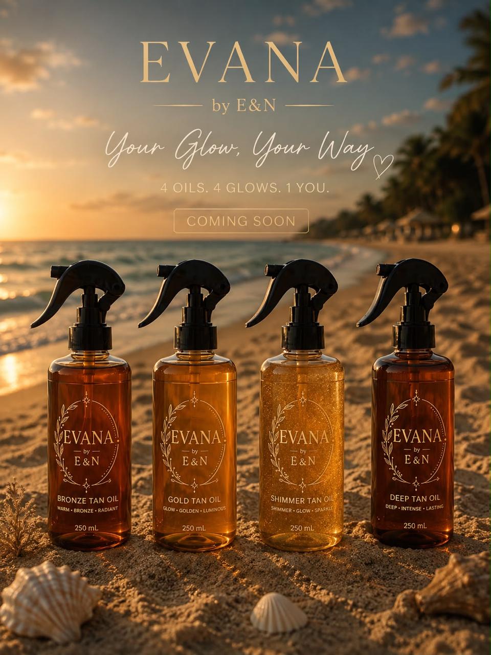 All four EVANA tanning oils on the sand