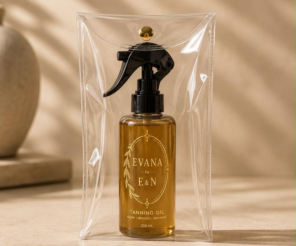 EVANA tanning oil in its clear travel pouch